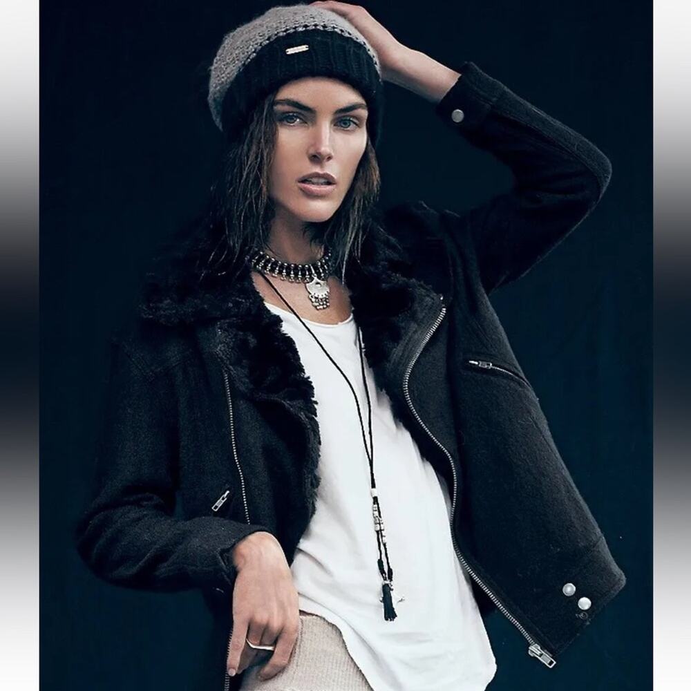 Free People Black Simple Salute Wool Faux Fur Collar Moto Military Jacket S - Picture 2 of 16